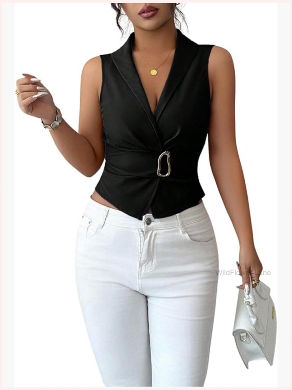 Wrap V Neck Blouse Metal Bow Tie Back Cinched Waist Dressy Crop Tank Top
